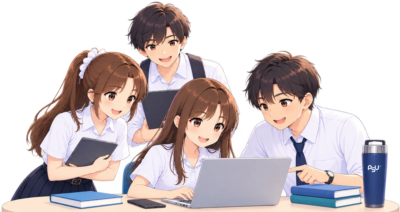 Four students in uniform gathered around a laptop, with the PSU campus building behind them